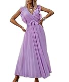 HAHAEMMA Vestido de gasa con volantes, sin mangas, hombros anchos, plisado, para la playa o fiestas, morado, L