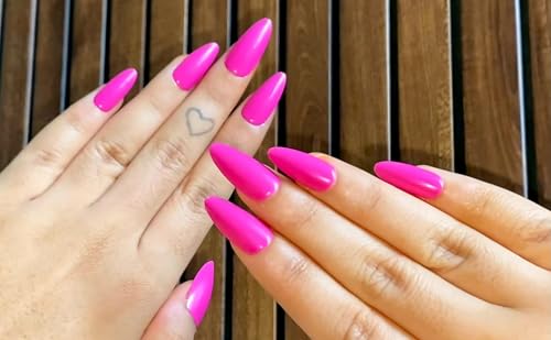 Image of 24 Pcs Reusable Press On Nails Fake Nails with Glue and Kit | Hot Pink Stiletto Press On Nails | Glossy Neon Pink Fake Nails | Reusable Stick On Nails for Women & Girls| ABS Material UV Protected Long Lasting Finish