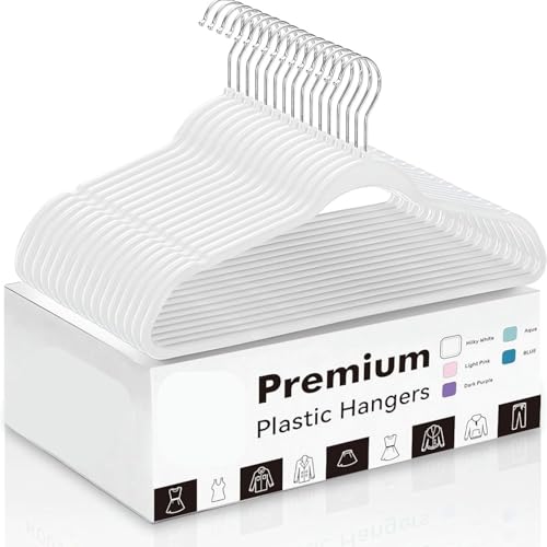 Image of Slim Plastic Hangers for Clothes - Heavy Duty Non-Velvet Hangers with 360 Swivel Chrome Hook & Non Slip Notches - Ideal for Dresses Coats Shirts Jackets & More (White, 6)
