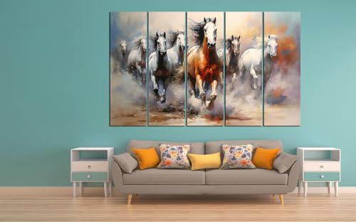 Image of KYARA ARTS seven vastu running horse wall painting (30inch x 48inch wooden multiple framed)