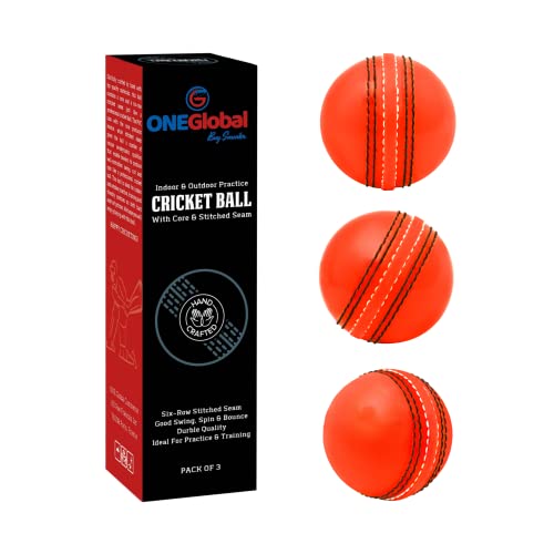 ONEGlobal Practice Cricket Ball | Pelota de Críquet de Entrenamiento de Goma Flexible y Segura | Con Costura y Núcleo para Bounce, Swing & Spin | Ideal para el Desarrollo de Habilidades (Paquete de 3)