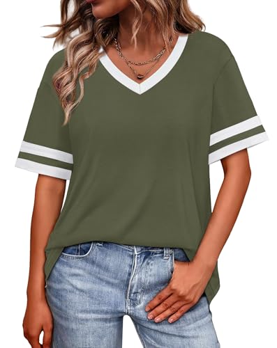 Image of WIHOLL Womens T Shirts Loose Fit Short Sleeve Tees V Neck Color Block Summer Tops 2026 Fashion S-4XL