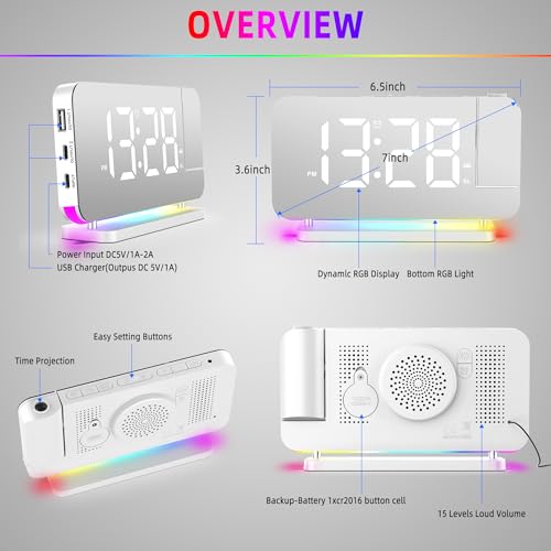 Lancoon Digital Alarm Clock with 180° Projection Radio Clock 11 RGB Color Display 10 Color Night Light 15 Level Volume USB A/C Charging Port Snooze White by Lancoon - Image 9