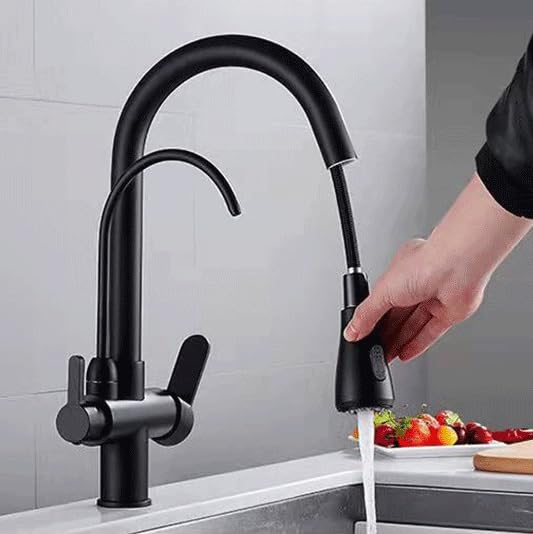 Grifo de Cocina 3 Vías Osmosis con Ducha Extraíble con Filtro de Agua Grifo Cocina Fregadero Extraible Flexible Rotación de 360° 2 Modos Negro