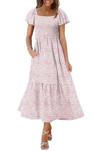 Image of OFEEFAN Summer Dresses for Women Square Neck Ruffle Sleeve Smocked Maxi Dress with Pockets