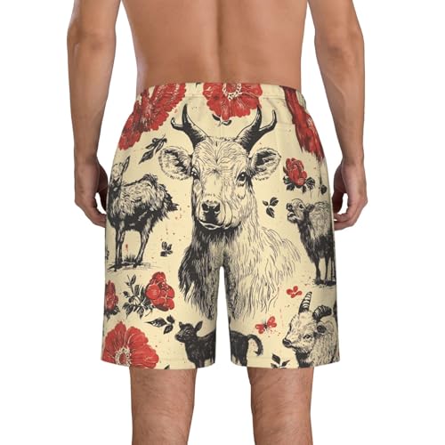 Men Swim Trunks Beach Shorts Swimwear Summer Bathing Suits - Farm House Animals Goat Retro3