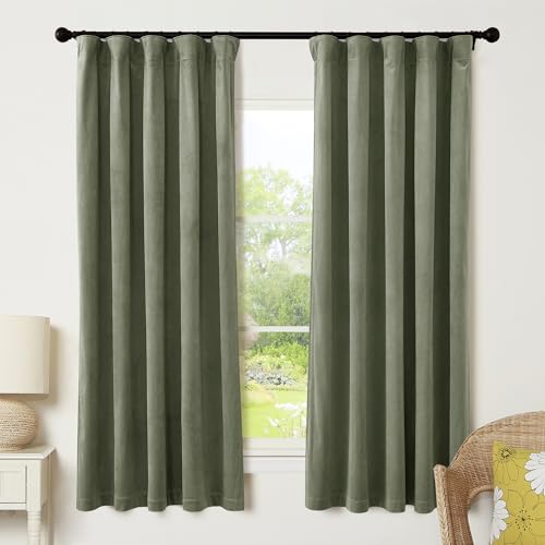 Image of RYB HOME Sage Green Velvet Curtains with Hook Tape, Thermal Insulated Privacy Protect Decorative Drapes for Home Theater, W 52 x L 72 inches, 2 Panels Set | Thermal Insulated, Privacy UV Heat Blocking, Luxurious Drapes, Nursery Dormitory Bathroom, W52 x L72, 2 Panels Set