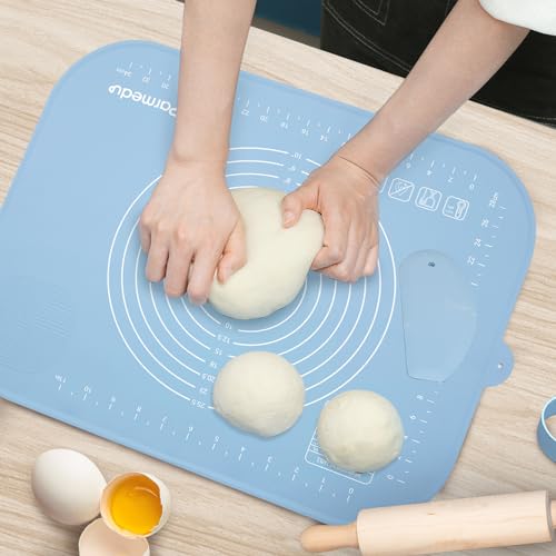 Parmedu Tapete de Cocina de Silicona: Tapete de Amasar Grueso Antiadherente 50x40cm en Tamaño Compacto con Cinturón de Almacenamiento y Cortador de Masa - Tapete para Amasar Tapete Resistente al Calor