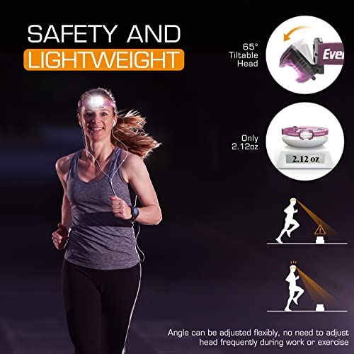 EverBrite Head Torch Battery Powered, Super Bright LED Lightweight Headlamp with 5 Lighting Modes, Headlight for Camping, Running, Cycling, Fishing, Hiking, Reading (2 Pack, Pink)