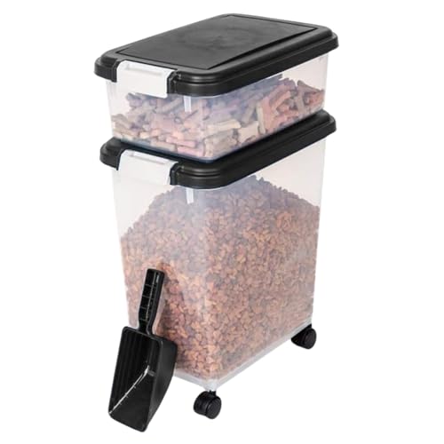 Bedding Home 50L (13.5L + 37L) 3 Piece Pet Airtight Dog Food Container | Plastic Bin Air Tight Food Storage Container | Biscuit Cat Treat Dispenser For Dogs & Cats (Black)
