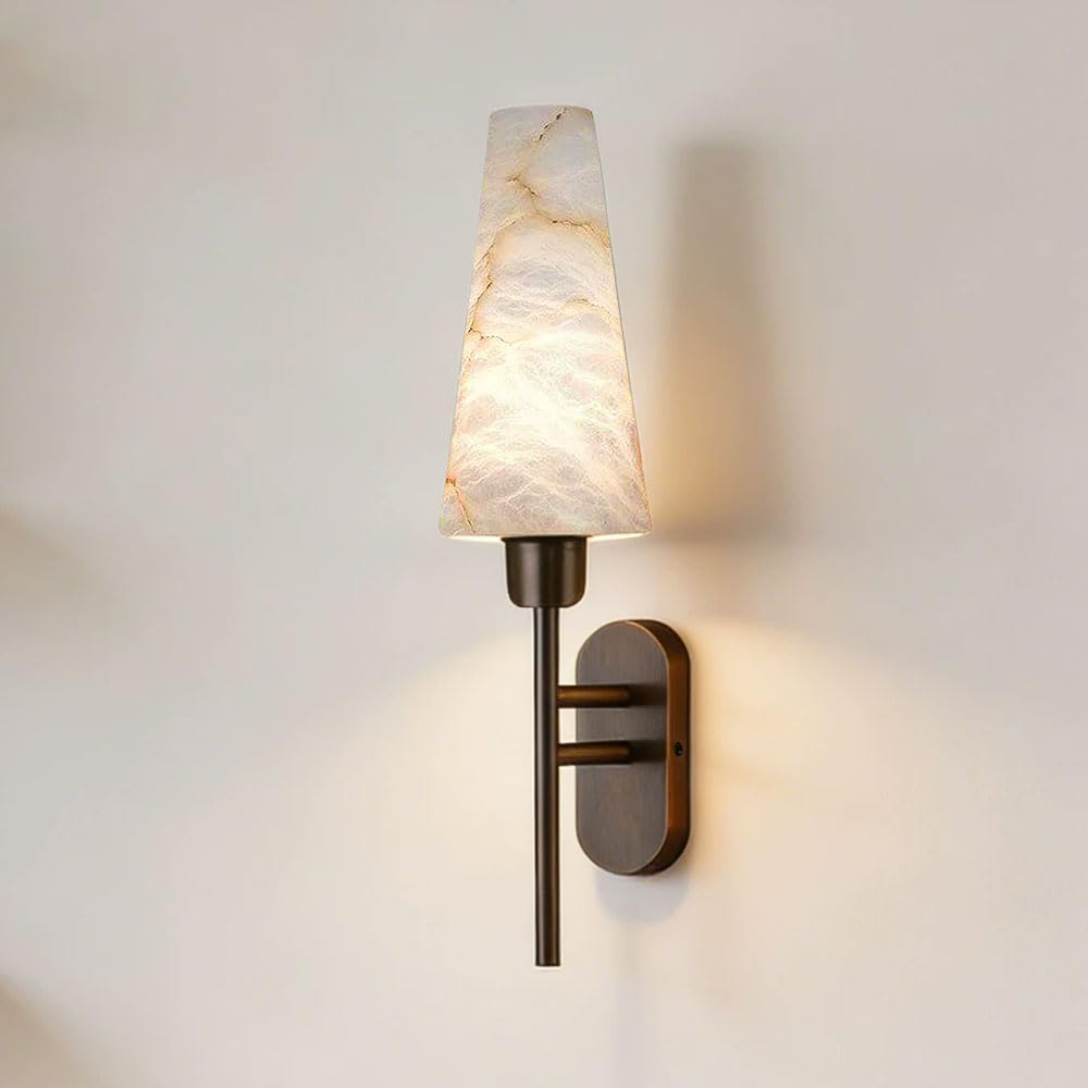 JISHUBO Modern Industrial Style Wall Light, E26 Light Source Metal Base Wall Lamp, Natural Alabaster Hardwired Wall Sconce, Living Room Bedroom Balcony Wall Mounted Lighting Fixtures