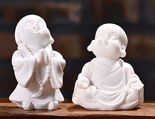 Fazhongfa 2Pcs Buddha Statue Happy Laughing Buddha Figurine Cute Small Monk Statues Mini Maitreya Buddha Minimalist For Desktop Ornament Home Decor Car Dashboard And Shelf Decorations Buda (White) #TOP25