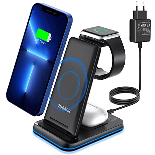 ZUBARR Faltbare Kabellose Ladegerät, 3 in 1 Ladestation, Wireless Charger für iPhone 15 14 13 12 11 Pro Max/XR/XS/8/Samsung, für Apple Watch 9/Ultra 2/SE/8/7/6/5/4/3