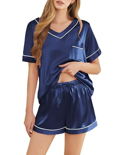 Image of Silk Pajamas for Women Short Sleeve Satin 2 Piece Pj Set Soft V Neck Sleepwear Loungewear, S-XXL