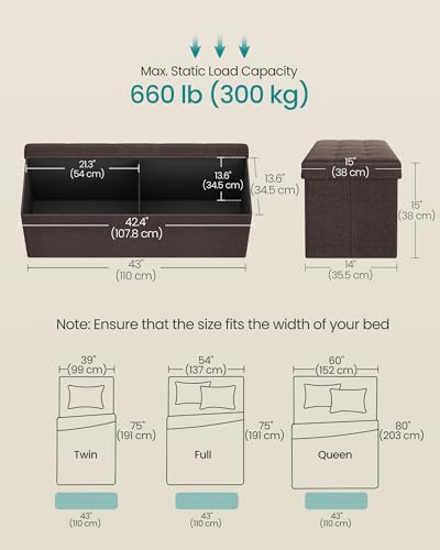 Image of SONGMICS MAZIE Collection - 43 Inches Folding Storage Ottoman Bench, Ottoman Foot Rest, End of Bed Bench, Storage Chest, Load 660 lb, for Living Room, Bedroom, Entryway, Brown ULSF77BR