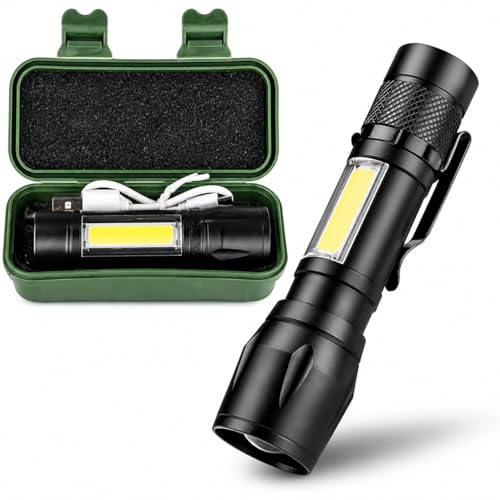 Lanterna LED Recarregável Tática Portátil Alta Potência USB COB Luz Forte Emergência Camping Trilha Pesca Segurança Lanterna Compacta com Estojo e Cabo Carregamento Resistente