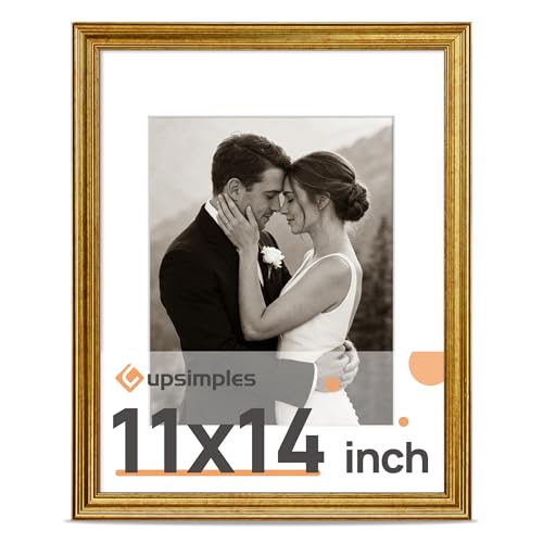 Image of upsimples Vintage 11x14 Picture Frame, Antique Gold Frame Displays 8x10 with Mat or 11 x 14 Without for Vertical or Horizontal Wall Decor, 1pack | Fit 8x10 and 11 x 14 Photo, Wall or Tabletop Display, Antique-style Decoration, Rustic Farmhouse Decor, For Weddings