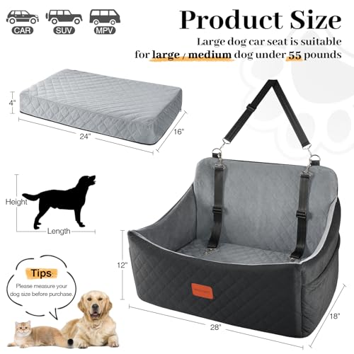 Wooaidagg Dog Car Seat for Large Size Dog,Super Soft Car Dog Bed Filling in Memory Foam and 3 Adjustable Straps,Washable Car Seat for Dogs with Safety Belt Loops and Storage Pocket(Black/Grey,Large)