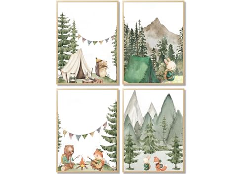 Woodland Camping Nursery Wall Art Set of 4, Forest Animal Adventure Poster Prints with Bear Fox Bunny, Mountain Nature Nursery Picture for Baby Boy Room Playroom, Kids Room Wall Decor (Unframed, 8x10)