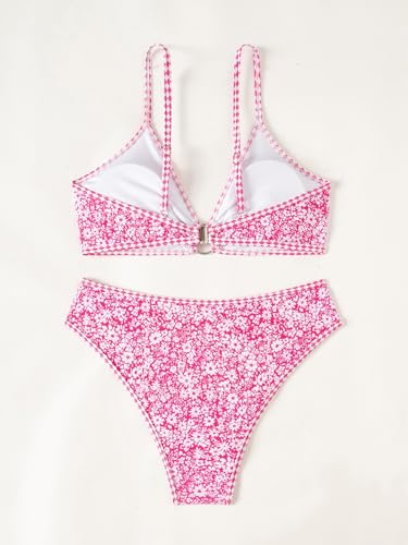Image of Fanuerg Women's Triangle Bikini Sets O Ring Linked Two Piece Swimsuits Floral Printed Cheeky Bathing Suit