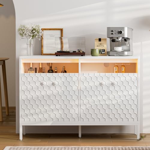 IKIFLY Modern Sideboard Cabinet with Storage, Buffet Cabinet with 4 Doors and Adjustable Shelves, Credenzas Accent Table with LED Light & Power Outlet for Entryway, Kitchen, Living Room White