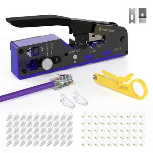 VCELINK Upgraded RJ45 Crimp Tool Kit Pass Through Crimping Tool for CAT7/6A/6/5E/5 with 50PCS Cat6 RJ45 Connectors & Strain Relief Boots & Wire Stripper