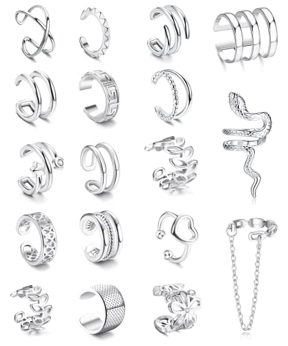 Diamday 20Pcs Ear Cuff Clip Falso Pendientes Acero Inoxidable Mujer Ajustable Pendientes Oreja sin Agujero Piercing Pequeños Ear Cuff Clip Serpiente Corazón Hoja Plata