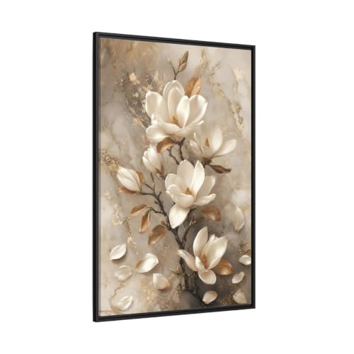 Cadre toile magnolia blanc et or grand format 80x120 vertical pour deco salon