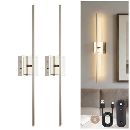Image of DORESshop Battery Operated Wall Sconces Set of 2, Dimmable Battery Wall Sconce with Remote Control, Nickel 350Rotate Rechargeable Sconces, 28.1 Inch Wireless Wall Lights for Bedroom, Living Room