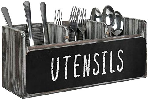 MyGift Torched Wood Kitchen Utensil Holder with 3 Divided Compartments and Front Chalkboard Panel, Buffet Flatware Silverware Holder Caddy