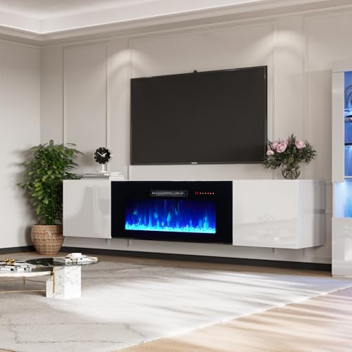 Image of AMERLIFE Floating Fireplace TV Stand, Wall Mounted Mirrored Entertainment Center with 40 inch Electric Fireplace, Modern LED Lights Media Console for TVs Up to 90 inch, White