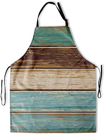 Giwawa Vintage Wood Board Apron Rustic Teal Brown Wooden Cooking Apron with Adjustable Neck & Pockets Farmhouse Cabin Country Style Waterproof Kitchen Apron for Women Men Chef BBQ Painting