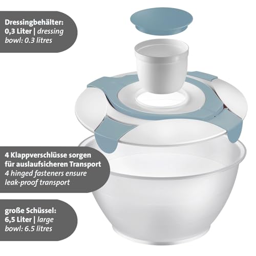 Westmark Salatbutler/-schüssel mit Tragegriffen und Dressing-Behälter, Fassungsvermögen: 6,5 Liter, Kunststoff, Praktika, Transparent/Weiß/Blau, 2422227B