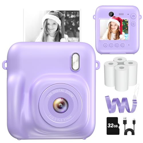 Instant Camera, Dual-Lens Kids Camera Instant Print for Boys Girls Christmas Birthday Gifts, 1080P Digital Cameras for Kids Teens with Print Paper, 32GB Card, Toddle Toy for Age 4-12 Years(Purple)
