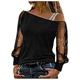 Masrin Trendige Oberteile Damen Modisches T Shirt mit fünfzackigem Stern Motiv und heißem Bohren Sexy Pailletten Pullover Schulterfreie Sling Shirts Durchsichtige Tunika Bluse mit Langen Ärmeln