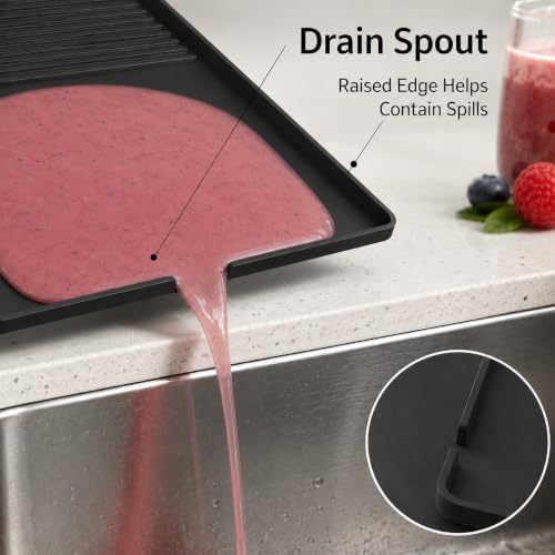 Image of SYINTAO Silicone Slushie Machine Mat with Drying Pad, 23.6 x 15.7 in | Black 2-piece silicone bar mat with raised edge, drain spout and detachable cup organizer for frozen drink and coffee makers