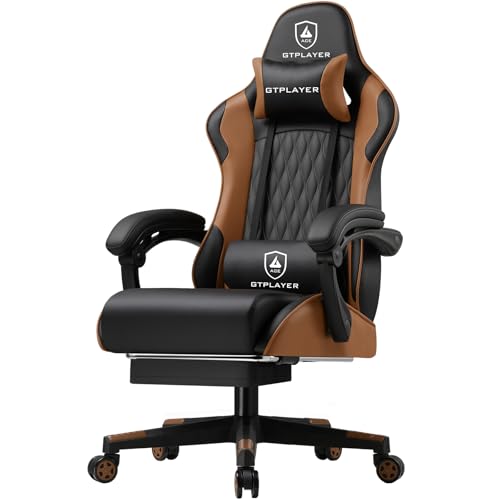 GTPLAYER Chaise Gaming，Chaise Gamer Ergonomique avec Repose-Pieds et Siège à Ressorts- Hauteur Réglable, Appui-Tête et Support Lombaire Charge Max 150kg Brun