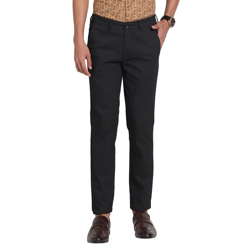 Image of Turtle Men Cotton Stretch Black Printed Narrow Fit Flat Front Casual Trouser