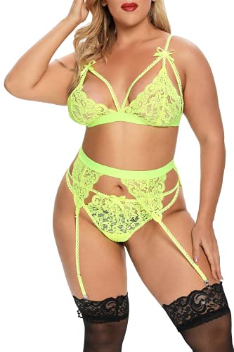Women Plus Size Lingerie Set with Garter Belt 3 Piece Sexy Strap Bra and Panty Lace Bodysuit(Neon Yellow,2XL,688a)