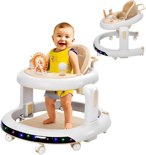3 in 1 Foldable Baby Walker,Kids Activity Push Walker Sit and Stand Height Adjustable with 360° Quiet Wheels,Dinner Tray and Game Play Center with Music,Gift for Girls Boys Toddler (Light Brown)