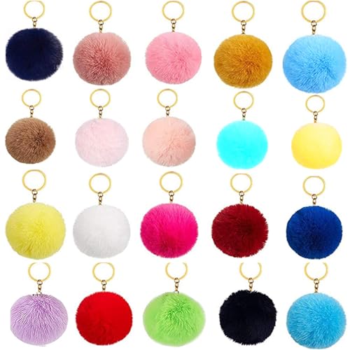 Pompon Porte Clé 20 pièces Porte-Clés de Pompon 8cm Multicolor Moelleuse Porte-Clés de Pompons en Fausse Fourrure pour Femmes Filles