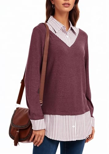 Image of Oyamiki Women's Casual Collared Curved Hem 2 in 1 Pullover Tops Plaid Contrast Shirt Blouse