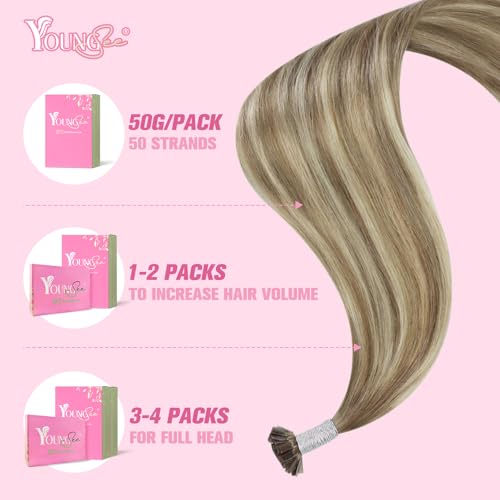 Image of YoungSee K Tip Hair Extensions Real Human Hair Ombre Light Brown Balayage Blonde Ktip Real Hair Extensions Human Hair 24In 1G /S 50G