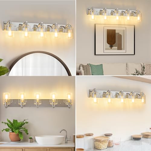 Image of 5-Light Bathroom Light Fixtures Modern Chrome Vanity Lights | Easy to Install Clear Glass Shades, Wall Mount Up or Down, E26 Socket, Hardwired, 128V