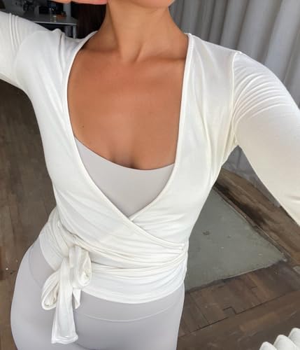 Women Y2k Long Sleeve Wrap Crop Top Ballet Pilates Workout Yoga Tie Front Shirts V Neck Slim Fit Wrap Corset Tops2