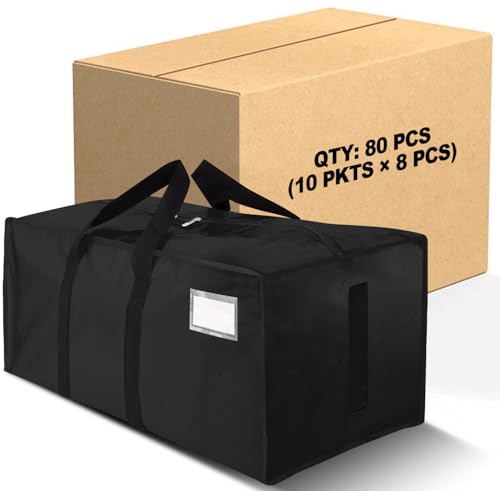 Image of 80 Pack Large Strong Moving Bags with Zippers & Carrying Handles - Water-Resistant - Heavy Duty Storage Tote for Space Saving, Fold Flat, Alternative to Moving Box (Black)