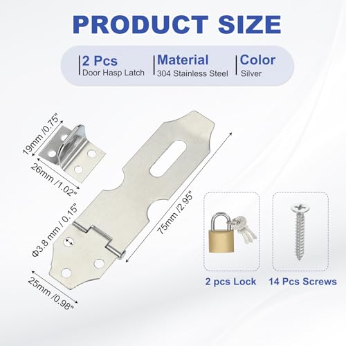 Image of PATIKIL 3.0 Inch Door Lock Hasp Latch, 2 Pack 304 Stainless Steel Security Padlock Latch Door Gate Lock Hasp with Screws for Gate Cabinets Shed Closet Lockers, Silver