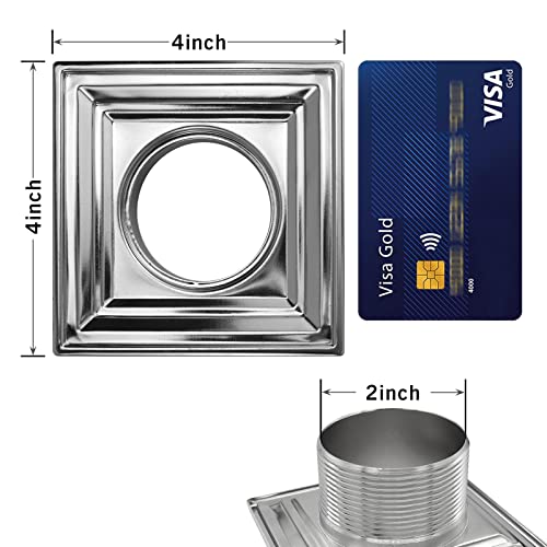 Bernkot Square Shower Drain 4" Brushed 304 Stainless Steel Drain Grate Removable Drain Key With Pvc Bonding Flange Base For Low Profile Shower Pan #TOP2