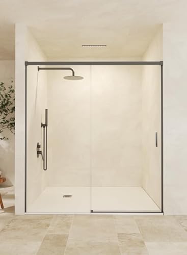 Mice - Mampara de Baño Frontal / 1 Panel Fijo + 1 Puerta Corredera/Mampara de bañera/Cerramiento de ducha/Mampara corredera con perfilería de aluminio color Black Gun Metal/Medida 100 x 195 cm