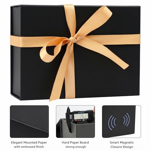 Image of LIFELUM Black Gift Box 9.5 x 7 x 3.5 inch, 1 Pack Luxury Gift Box with Magnetic Lid, Greeting Card, Ribbon and Paper Filler for Birthday, Anniversary, Graduation Gifts